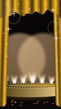 Opening Gold Curtains on a Glowing Stage, Dramatic Theater Reveal