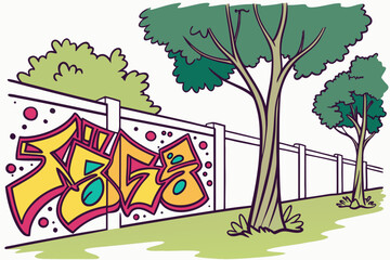 Colorful graffiti on a white wall with trees urban