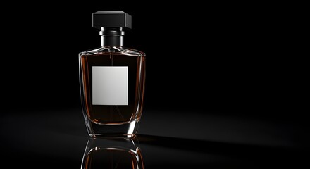 Elegant fragrance bottle on a reflective black surface suggests luxury and sophistication with minimalist design