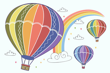 Obraz premium Colorful hot air balloons and rainbow on white background
