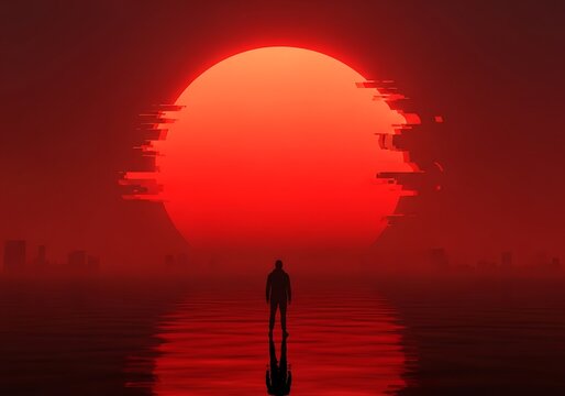 A lone figure stands in the water facing a large, red, glitching sun during sunset