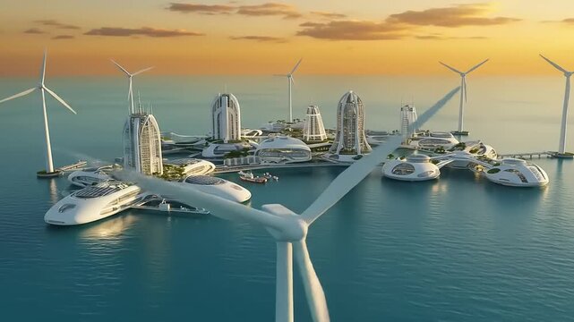 Futuristic coastal city with advanced architecture and wind turbines at sunset over calm waters