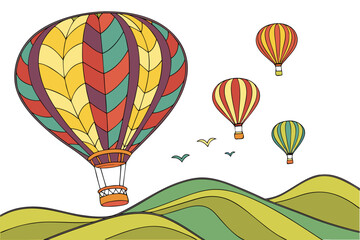 Fototapeta premium Colorful hot air balloons over rolling hills airship