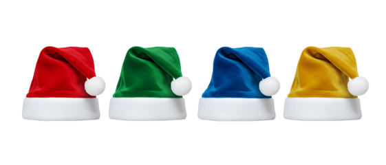 Collection of vibrant Santa hats in red, green, blue, and yellow, perfect for holiday celebrations and festive events. Isolated on transparent background, png