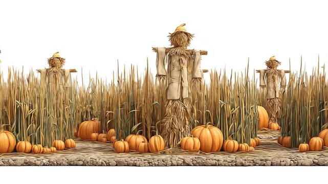 Autumn harvest scene with scarecrows and pumpkins on white background