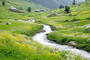 Beautiful landscape of a mountain river and meadow flowers. Advertising for pure mountain spring water.