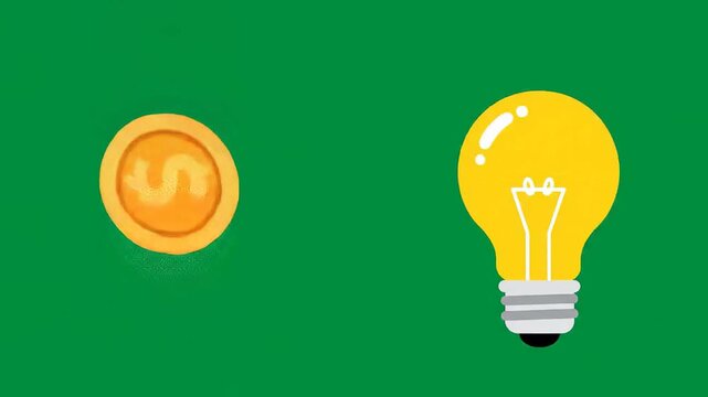 Animated coin transform into light bulb on green screen animation, suitable for explainer video, business presentation, promotional material, website intro, educational content, financial report.