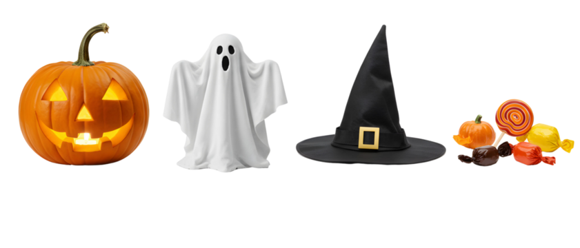 Spooky Halloween Symbols Collection Pumpkin, Ghost, Witch Hat, and Candies. Isolated on transparent background, png