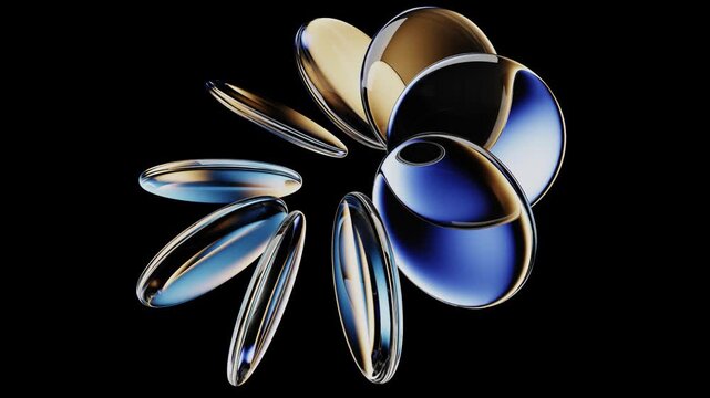 Neon glass round discs with circular motion effect on black background 3d animation. Luminous transparent lenses, rotating ring of crystal blue brown gradient plates. Data array, technology wallpaper.