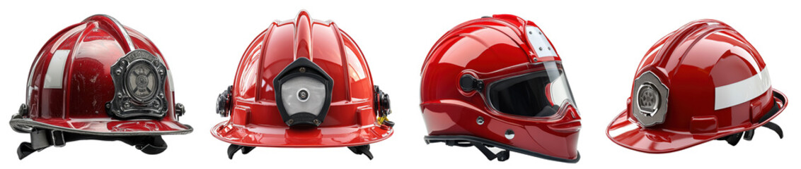 Fototapeta premium A collection of four firefighter helmets in different angles showcasing vibrant red protective gear against a clean white backdrop suitable for various design projects