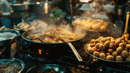 Thai dessert stall with Khanom Krok coconut pancakes cooking on a hot pan, traditional street food scene.
