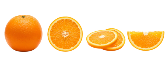 Fresh Oranges Display Whole, Halves, Slices, and Wedge. Isolated on transparent background, png