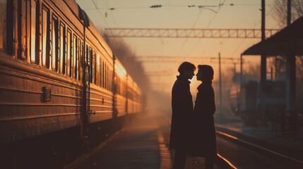 Silhouette of couple kissing at train station during sunset, romantic cinematic moment.
