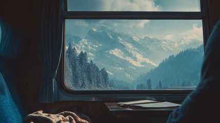 Scenic mountain view from train window, snowy peaks and forest under blue sky.
