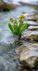 Ice clings to spring flower by stream on stone path