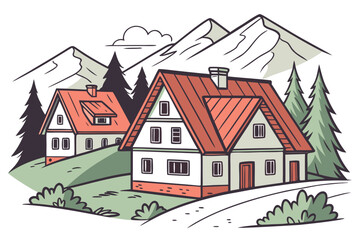 Cozy mountain village with colorful rooftops and pine trees