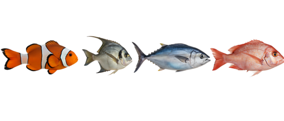Set of four distinct marine fish including a clownfish, tuna, and red snapper. Isolated on transparent background, png