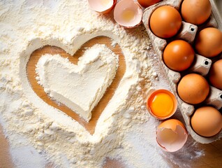 Heart shape drawn in white flour on a wooden surface with fresh brown eggs, representing a love for homemade baking and cooking