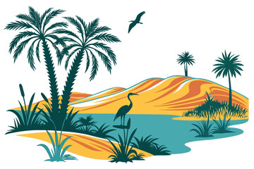 Desert oasis with palm trees and a bird in flight water