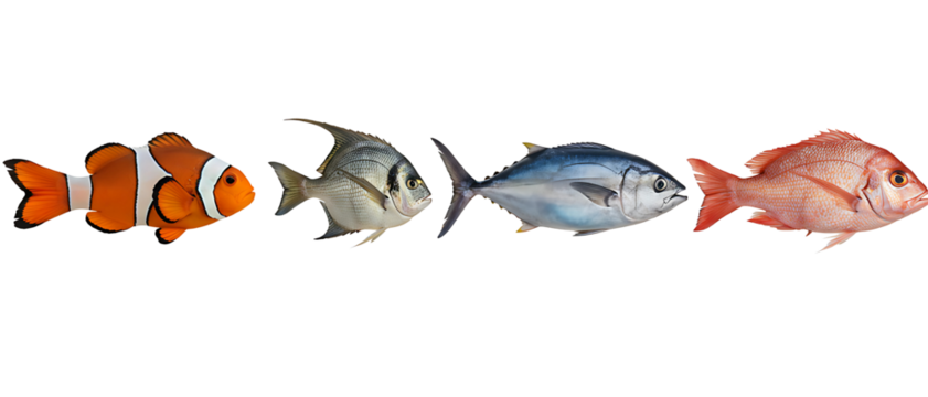 Set of four distinct marine fish including a clownfish, tuna, and red snapper. Isolated on transparent background, png