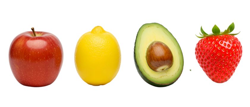 Colorful assortment of fresh fruits like apple, lemon, avocado and strawberry. Isolated on transparent background, png
