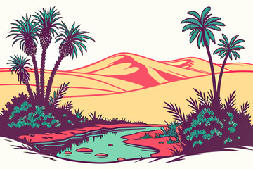 Desert oasis with palm trees and water sand dunes