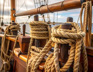 Close-up of nautical ropes and wooden ship's parts