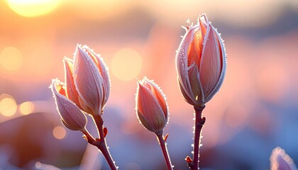 Frozen Flower Buds at Golden Hour with Ice Crystals and Soft Focus Bokeh Background