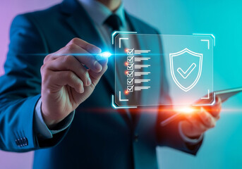 Businessman interacting with a digital interface showing security checklist