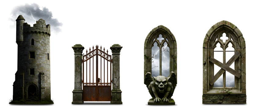 Set of isolated gothic horror architectural illustrations featuring a tower, gate, gargoyle window, and boarded up window. Isolated on transparent background, png - Powered by Adobe
