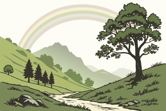 Green mountain valley with rainbow and river stream 1