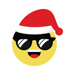 Festive yellow emoji wearing a red santa hat and cool sunglasses with a happy smile