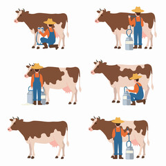 A collection of illustrations depicting cows and a farmer involved in the process of milking, showcasing dairy farming and milk production from udder to container.