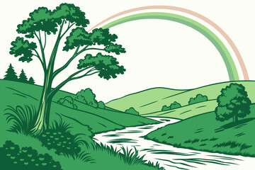 Obraz premium Green valley with flowing river and pastel rainbow 1