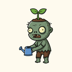 Cartoon Zombie With Sprout Plant On Head Watering Using Sprinkle Can Illustration