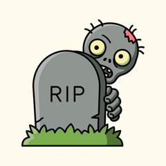 Cartoon Zombie Rises From Grave Behind Tombstone In A Halloween Illustration