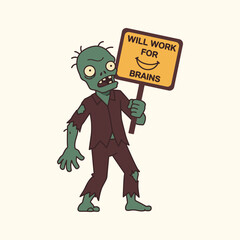 Humorous Cartoon Zombie Standing with Sign Seeking Brains In A Playful Depiction
