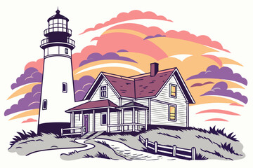 Lighthouse and house on a hill with colorful sunset sky