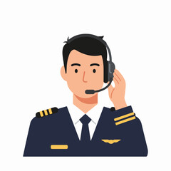 Aviation professional: Male pilot illustration in uniform with headset, representing flight, communication, and air travel.