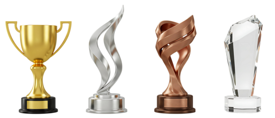 Assortment of prestigious trophies in gold, silver, bronze, and glass. Isolated on transparent background, png