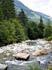 Wild alpine river Passiria in South Tyrol, Italy – flowing water in a forest mountain valley