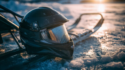 Fototapeta premium Black snowmobile helmet on frozen lake at sunset, winter gear close-up