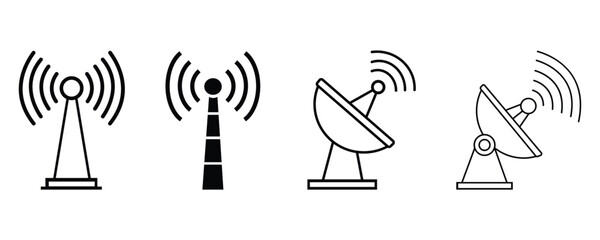 Outline icon set of communication towers and satellite dishes. Minimal vector line design for wireless signal, network, and telecommunication.