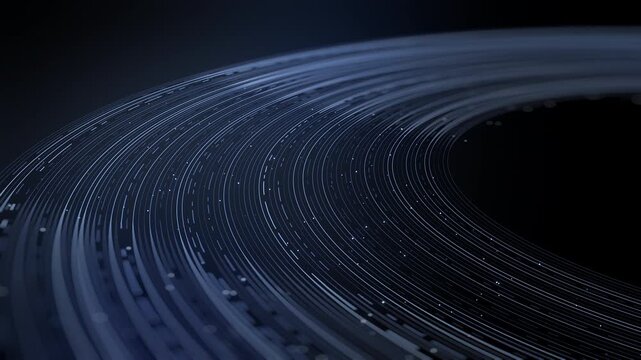 Abstract blue lines and dots form a dynamic, swirling pattern against a dark background, representing digital data flow, technology, and connectivity. Ideal for modern science and communication concep