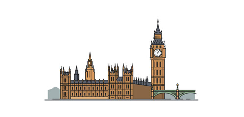 Big Ben illustration iconic Elizabeth Tower clock against Houses of Parliament for UK travel London landmark perfect for tourism campaign