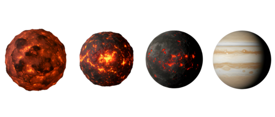 Conceptual illustration of planetary evolution showing four stages from a molten rock world to a gas giant. Isolated on transparent background, png