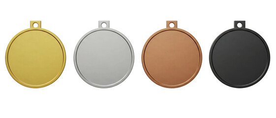 set of blank gold, silver, bronze, and black award medals. Isolated on transparent background, png