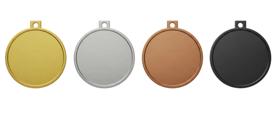 set of blank gold, silver, bronze, and black award medals. Isolated on transparent background, png