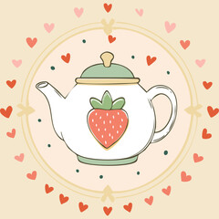 Cute teapot with a strawberry design, surrounded by pink and red hearts. Sweet romantic illustration, perfect for tea lovers, Valentine’s Day, and cozy decor