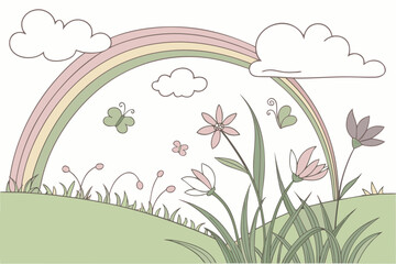 Obraz premium Pastel rainbow over grassy meadow with flowers and butterflies